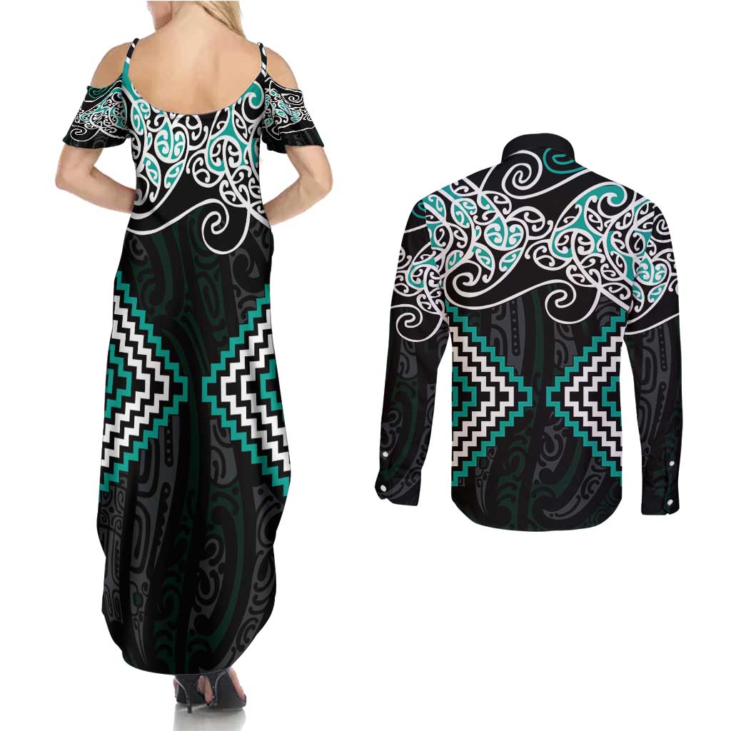 Turquoise Aotearoa Tukutuku Manawa Tapu Couples Matching Summer Maxi Dress and Long Sleeve Button Shirt Ta Moko Toi Maori LT9 - Polynesian Pride
