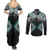 Turquoise Aotearoa Tukutuku Manawa Tapu Couples Matching Summer Maxi Dress and Long Sleeve Button Shirt Ta Moko Toi Maori LT9 - Polynesian Pride