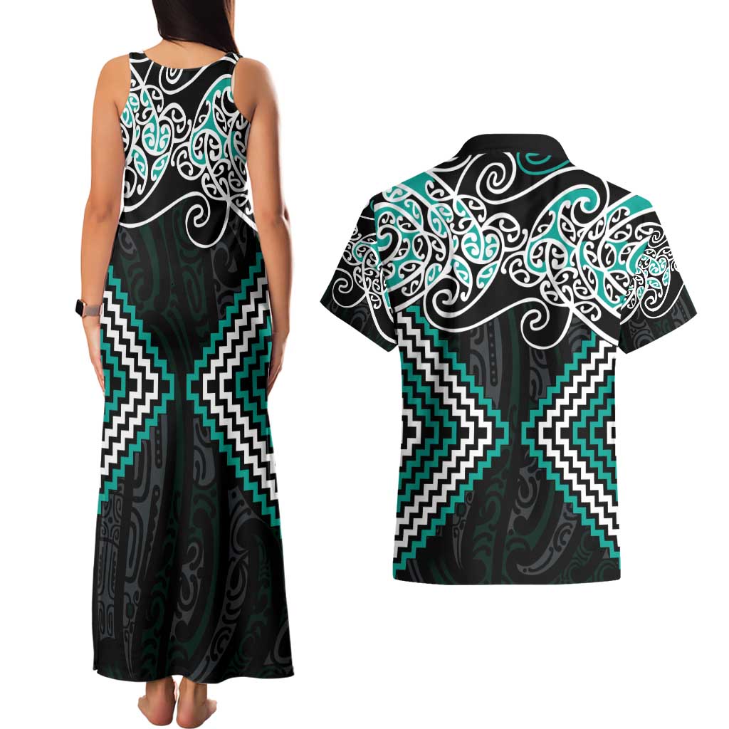 Turquoise Aotearoa Tukutuku Manawa Tapu Couples Matching Tank Maxi Dress and Hawaiian Shirt Ta Moko Toi Maori LT9 - Polynesian Pride