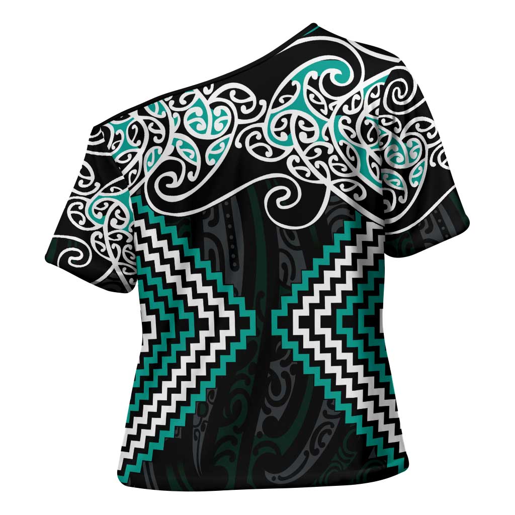 Turquoise Aotearoa Tukutuku Manawa Tapu Cross Shoulder Shirt Ta Moko Toi Maori - Polynesian Pride