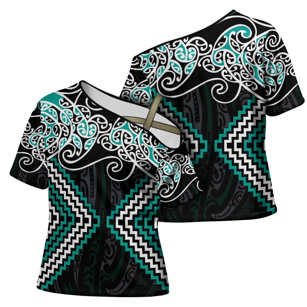 Turquoise Aotearoa Tukutuku Manawa Tapu Cross Shoulder Shirt Ta Moko Toi Maori - Polynesian Pride