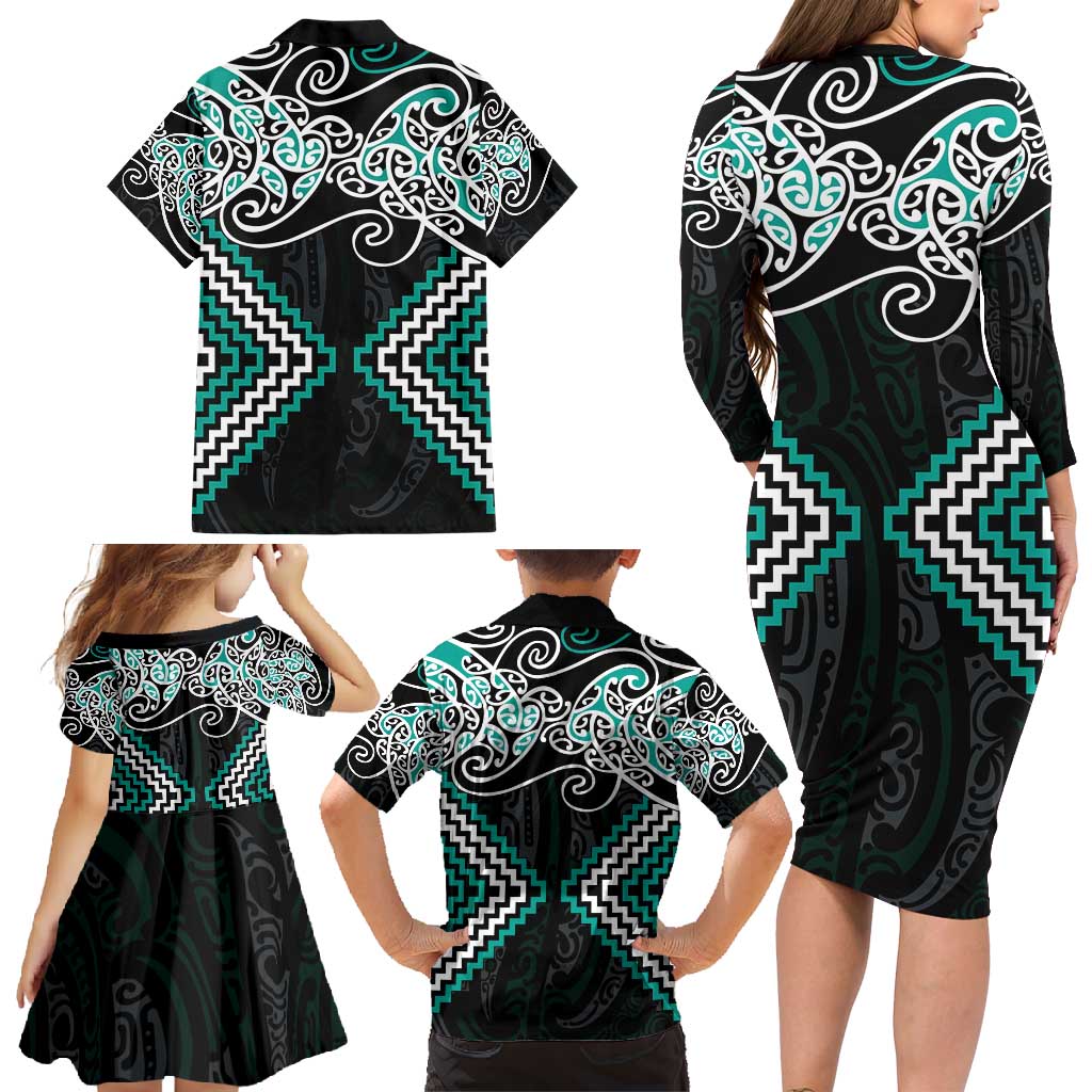 Turquoise Aotearoa Tukutuku Manawa Tapu Family Matching Long Sleeve Bodycon Dress and Hawaiian Shirt Ta Moko Toi Maori LT9 - Polynesian Pride