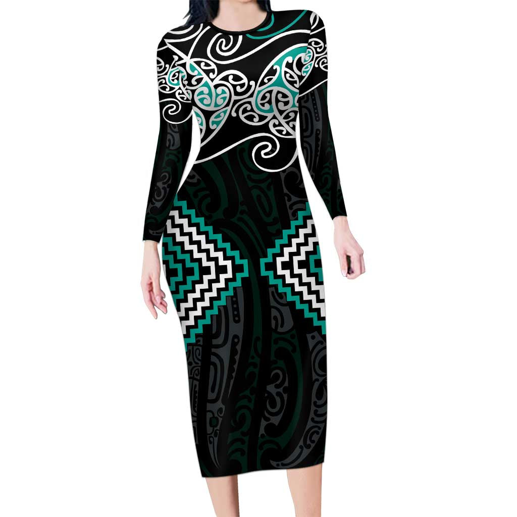 Turquoise Aotearoa Tukutuku Manawa Tapu Family Matching Long Sleeve Bodycon Dress and Hawaiian Shirt Ta Moko Toi Maori LT9 Mom's Dress Turquoise - Polynesian Pride