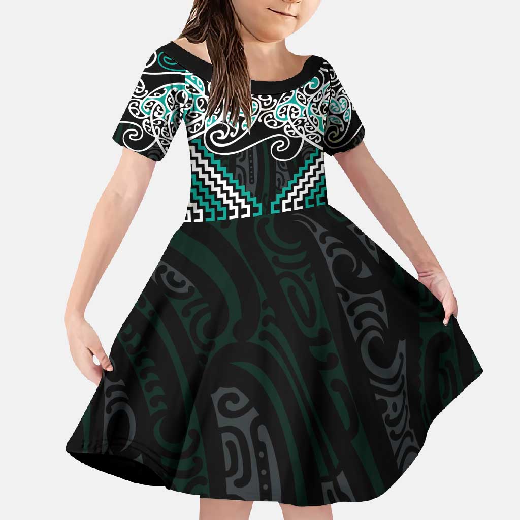 Turquoise Aotearoa Tukutuku Manawa Tapu Family Matching Mermaid Dress and Hawaiian Shirt Ta Moko Toi Maori LT9 Daughter's Dress Turquoise - Polynesian Pride