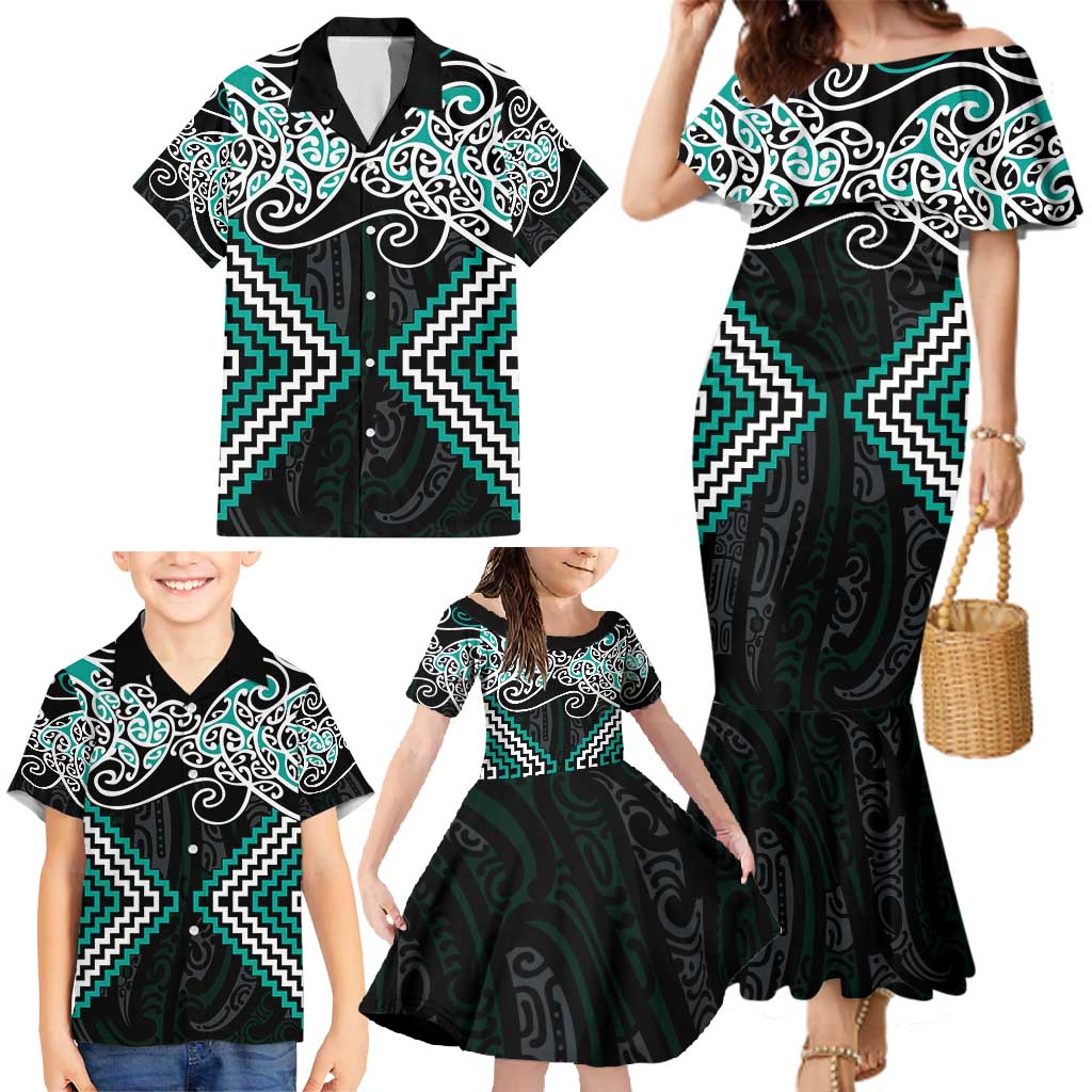Turquoise Aotearoa Tukutuku Manawa Tapu Family Matching Mermaid Dress and Hawaiian Shirt Ta Moko Toi Maori LT9 - Polynesian Pride