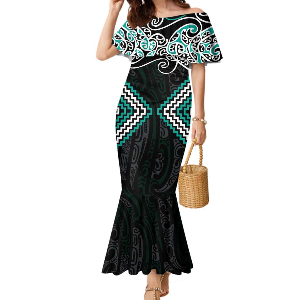 Turquoise Aotearoa Tukutuku Manawa Tapu Family Matching Mermaid Dress and Hawaiian Shirt Ta Moko Toi Maori LT9 Mom's Dress Turquoise - Polynesian Pride