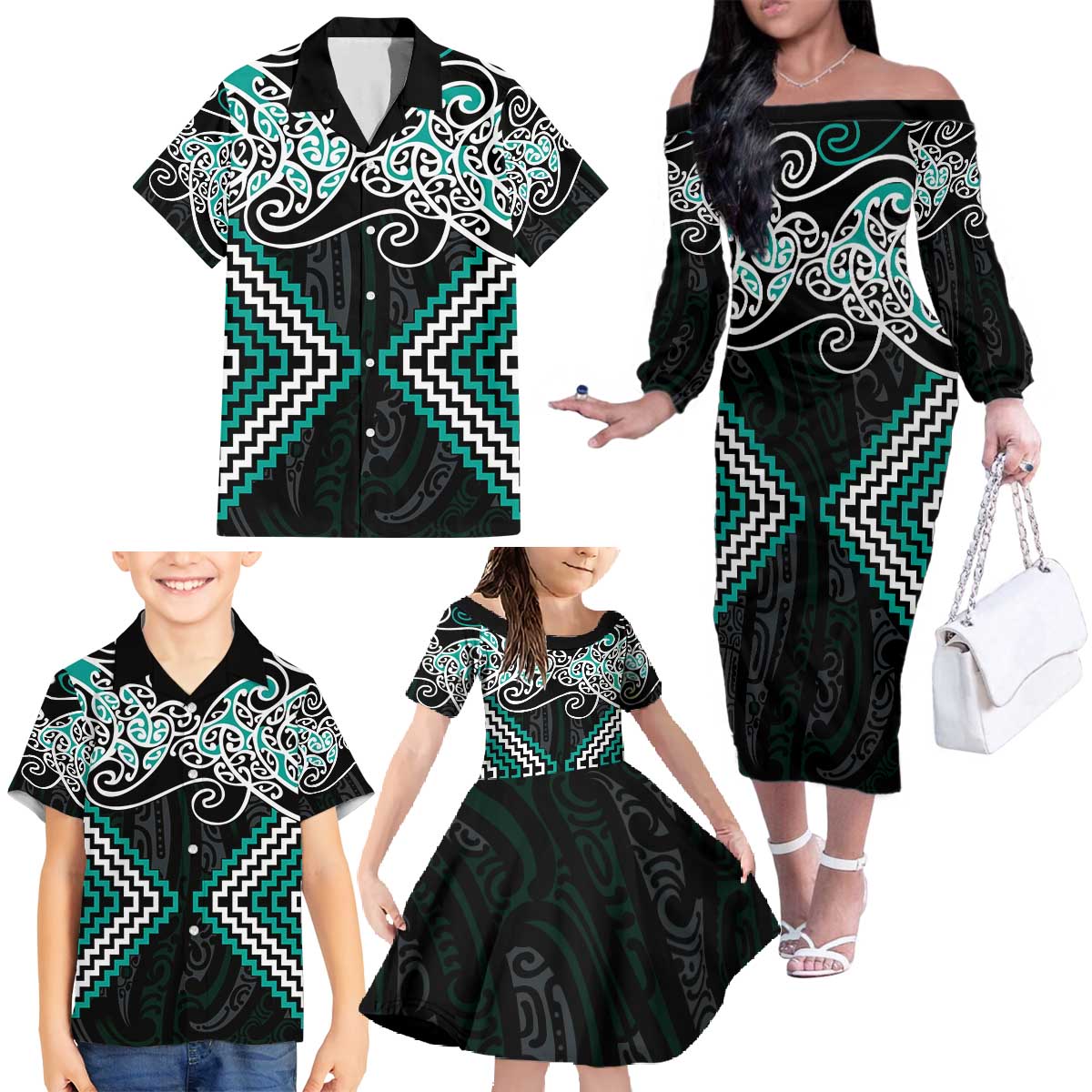 Turquoise Aotearoa Tukutuku Manawa Tapu Family Matching Off The Shoulder Long Sleeve Dress and Hawaiian Shirt Ta Moko Toi Maori LT9 - Polynesian Pride