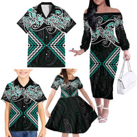 Turquoise Aotearoa Tukutuku Manawa Tapu Family Matching Off The Shoulder Long Sleeve Dress and Hawaiian Shirt Ta Moko Toi Maori LT9 - Polynesian Pride