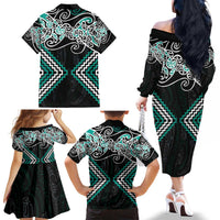 Turquoise Aotearoa Tukutuku Manawa Tapu Family Matching Off The Shoulder Long Sleeve Dress and Hawaiian Shirt Ta Moko Toi Maori LT9 - Polynesian Pride