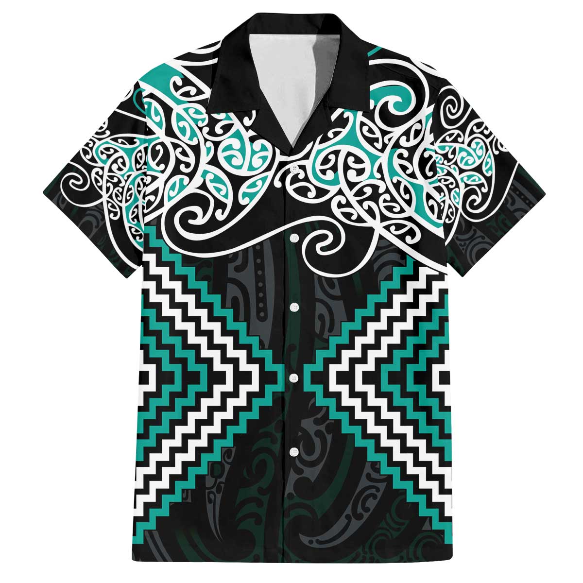 Turquoise Aotearoa Tukutuku Manawa Tapu Family Matching Off The Shoulder Long Sleeve Dress and Hawaiian Shirt Ta Moko Toi Maori LT9 Dad's Shirt - Short Sleeve Turquoise - Polynesian Pride