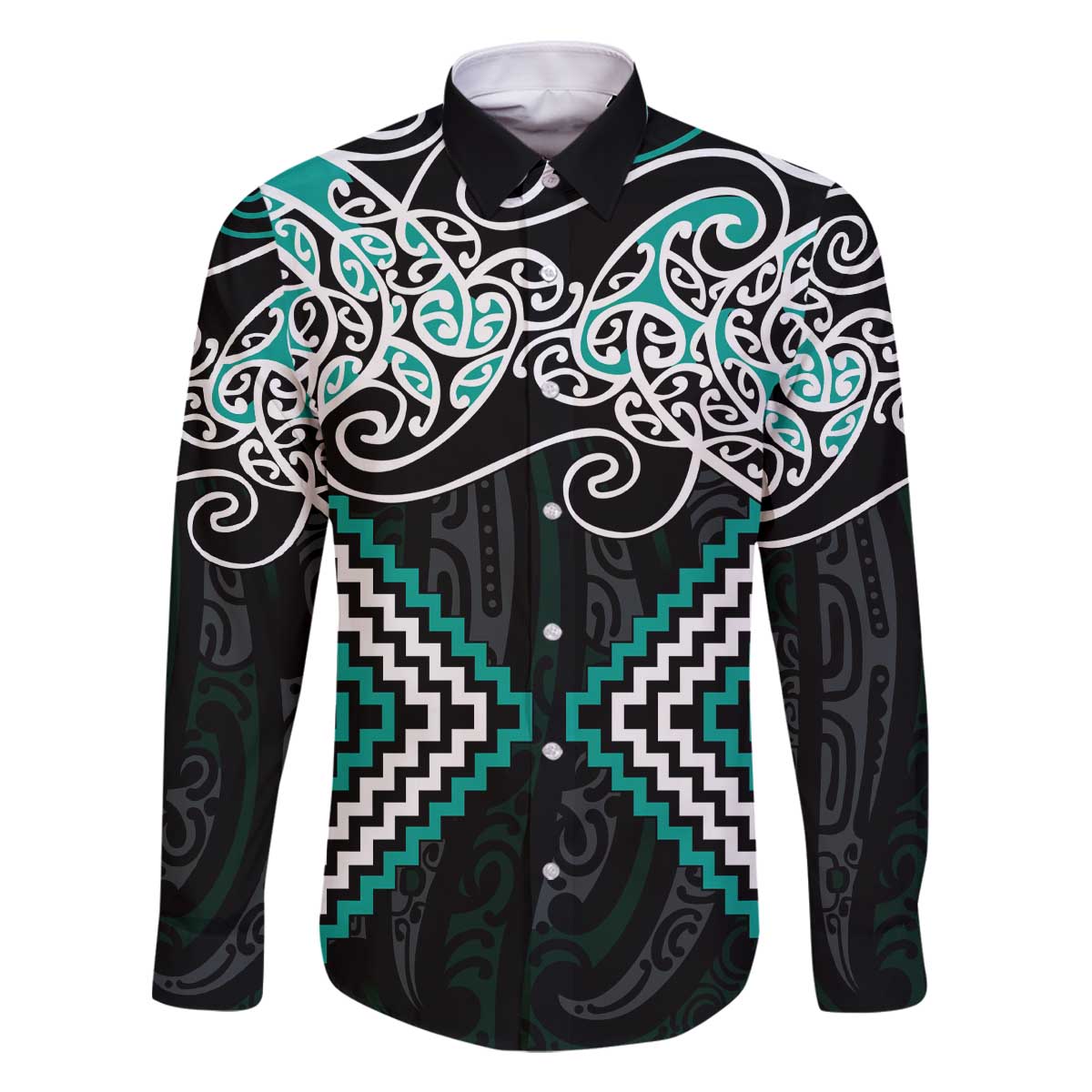 Turquoise Aotearoa Tukutuku Manawa Tapu Family Matching Off The Shoulder Long Sleeve Dress and Hawaiian Shirt Ta Moko Toi Maori LT9 Dad's Shirt - Long Sleeve Turquoise - Polynesian Pride