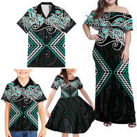 Turquoise Aotearoa Tukutuku Manawa Tapu Family Matching Off Shoulder Maxi Dress and Hawaiian Shirt Ta Moko Toi Maori LT9 - Polynesian Pride