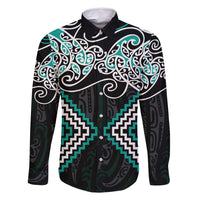 Turquoise Aotearoa Tukutuku Manawa Tapu Family Matching Off Shoulder Maxi Dress and Hawaiian Shirt Ta Moko Toi Maori LT9 Dad's Shirt - Long Sleeve Turquoise - Polynesian Pride