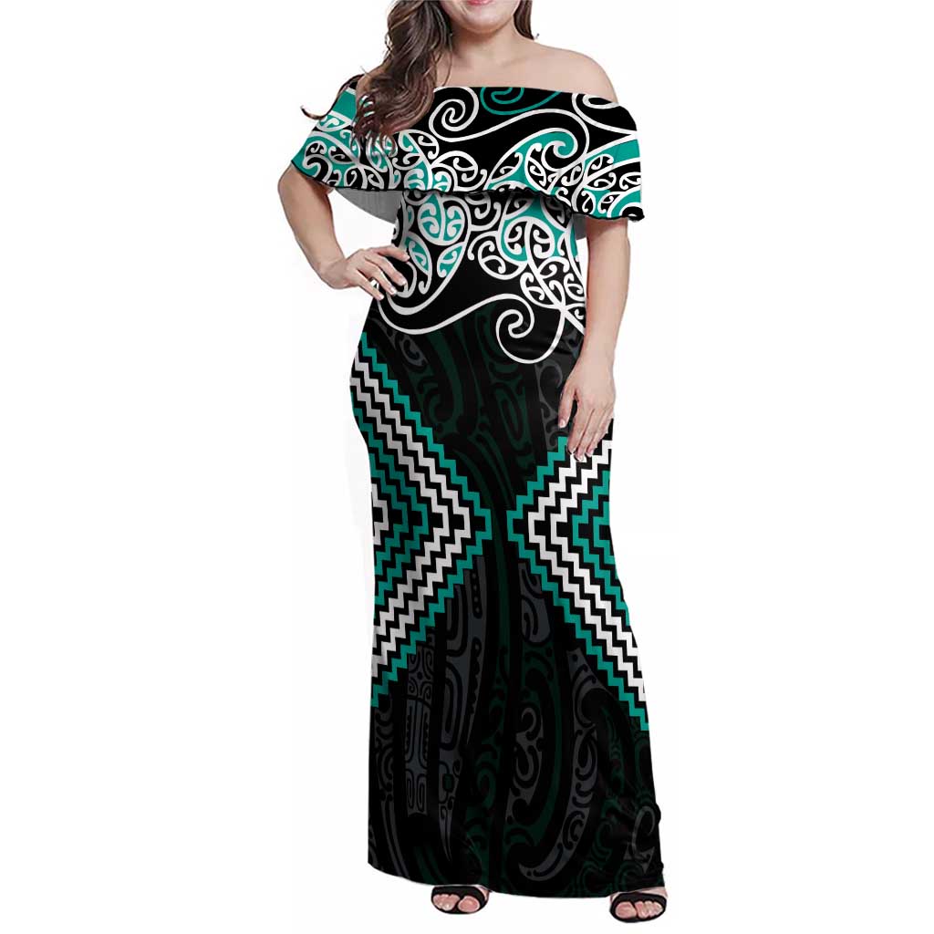Turquoise Aotearoa Tukutuku Manawa Tapu Family Matching Off Shoulder Maxi Dress and Hawaiian Shirt Ta Moko Toi Maori LT9 Mom's Dress Turquoise - Polynesian Pride