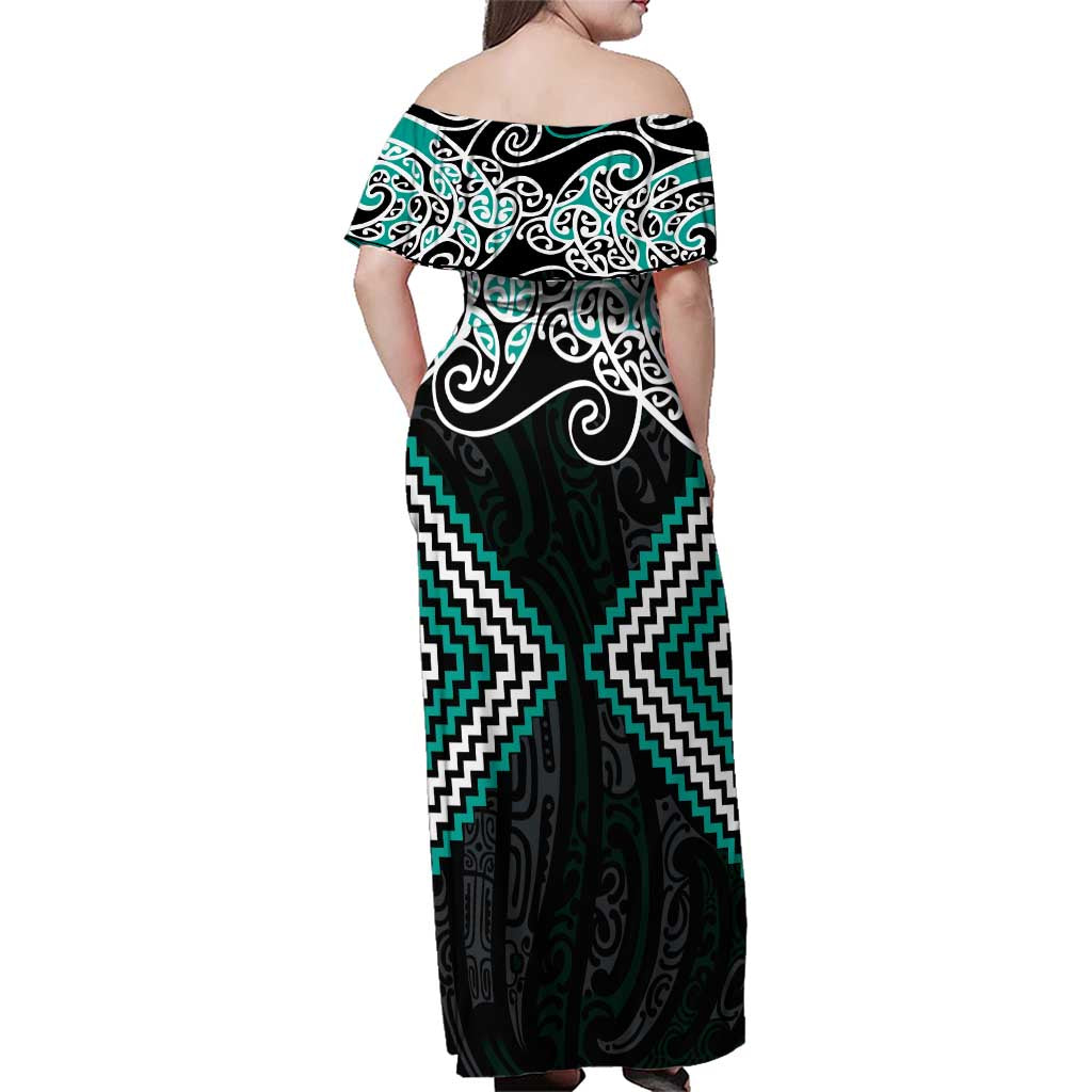 Turquoise Aotearoa Tukutuku Manawa Tapu Family Matching Off Shoulder Maxi Dress and Hawaiian Shirt Ta Moko Toi Maori LT9 - Polynesian Pride