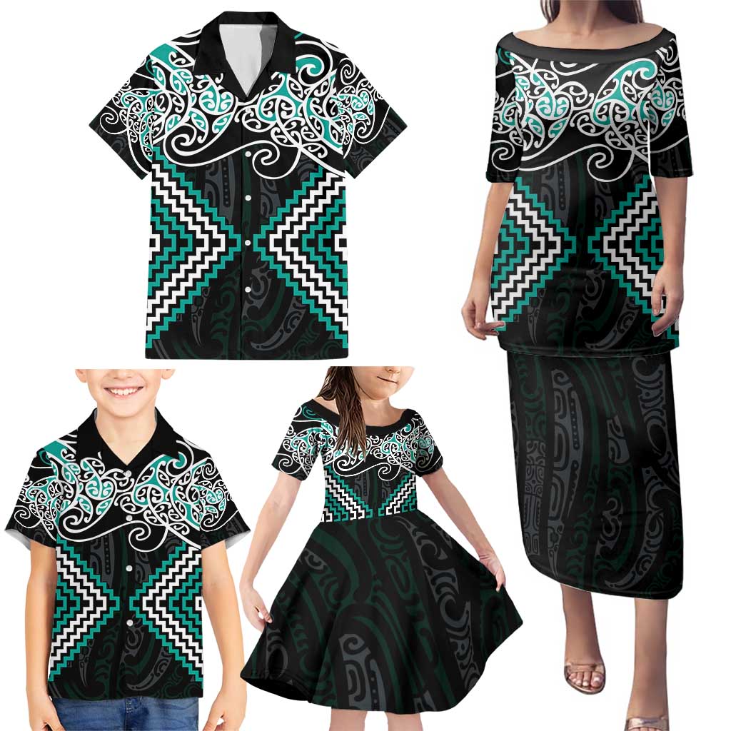 Turquoise Aotearoa Tukutuku Manawa Tapu Family Matching Puletasi and Hawaiian Shirt Ta Moko Toi Maori LT9 - Polynesian Pride