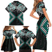 Turquoise Aotearoa Tukutuku Manawa Tapu Family Matching Short Sleeve Bodycon Dress and Hawaiian Shirt Ta Moko Toi Maori LT9 - Polynesian Pride