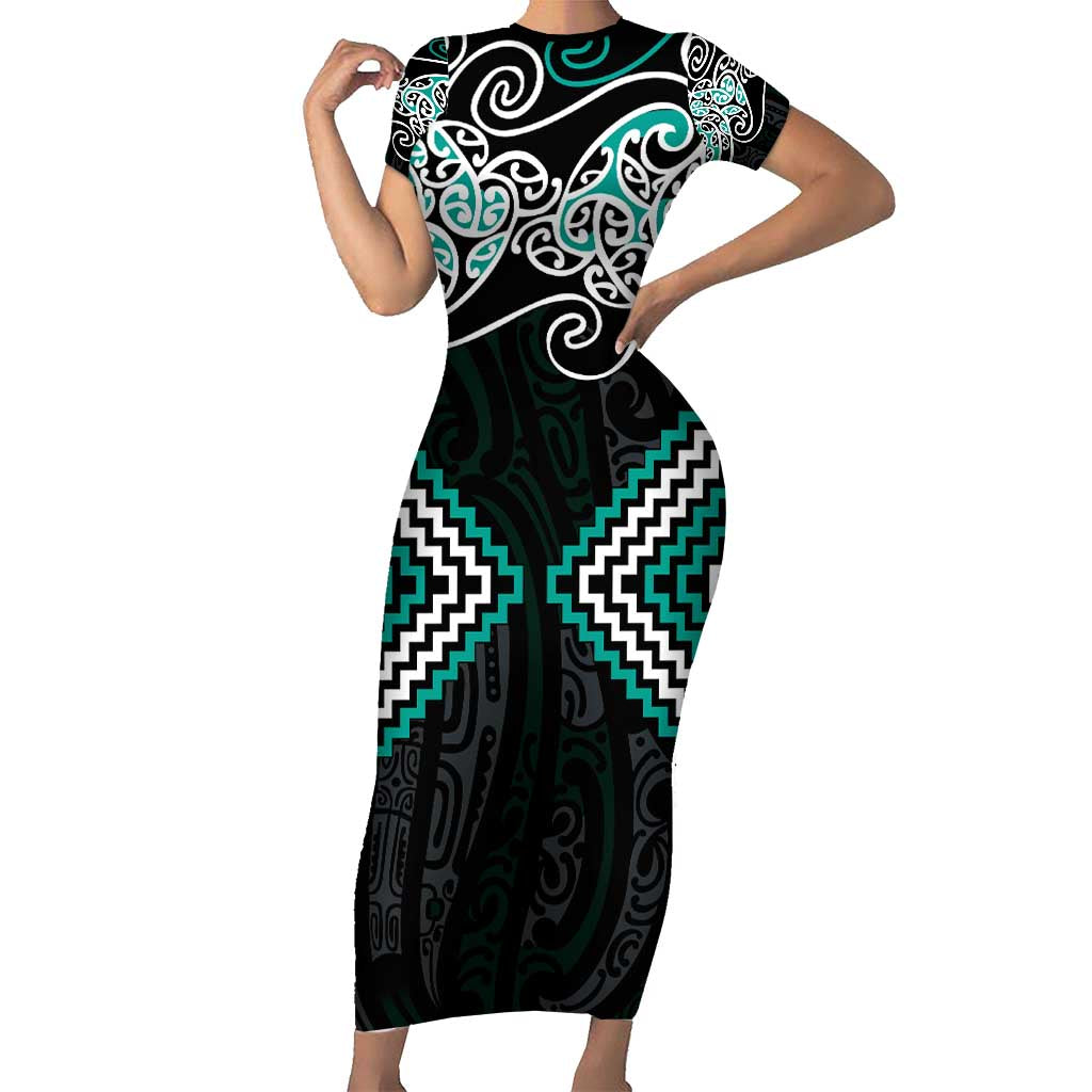 Turquoise Aotearoa Tukutuku Manawa Tapu Family Matching Short Sleeve Bodycon Dress and Hawaiian Shirt Ta Moko Toi Maori LT9 Mom's Dress Turquoise - Polynesian Pride