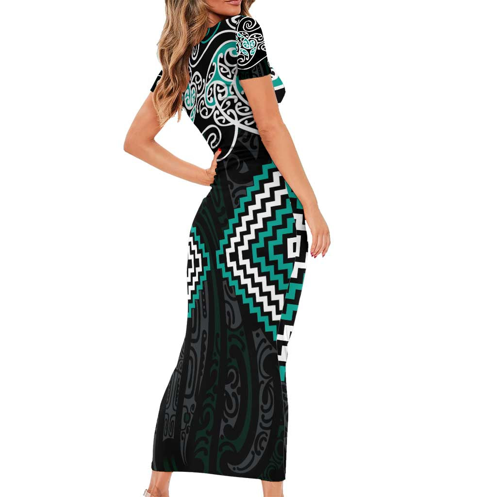 Turquoise Aotearoa Tukutuku Manawa Tapu Family Matching Short Sleeve Bodycon Dress and Hawaiian Shirt Ta Moko Toi Maori LT9 - Polynesian Pride