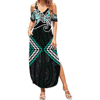 Turquoise Aotearoa Tukutuku Manawa Tapu Family Matching Summer Maxi Dress and Hawaiian Shirt Ta Moko Toi Maori LT9 Mom's Dress Turquoise - Polynesian Pride