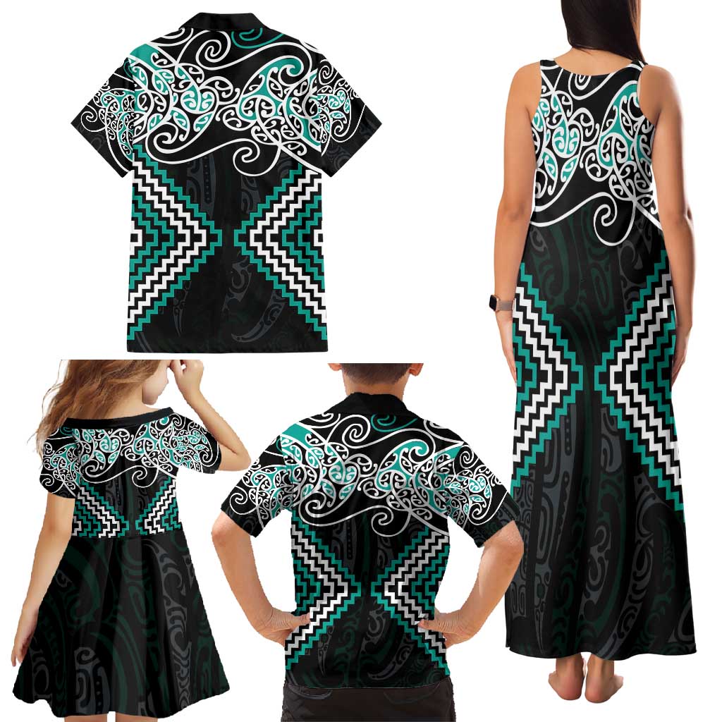 Turquoise Aotearoa Tukutuku Manawa Tapu Family Matching Tank Maxi Dress and Hawaiian Shirt Ta Moko Toi Maori LT9 - Polynesian Pride