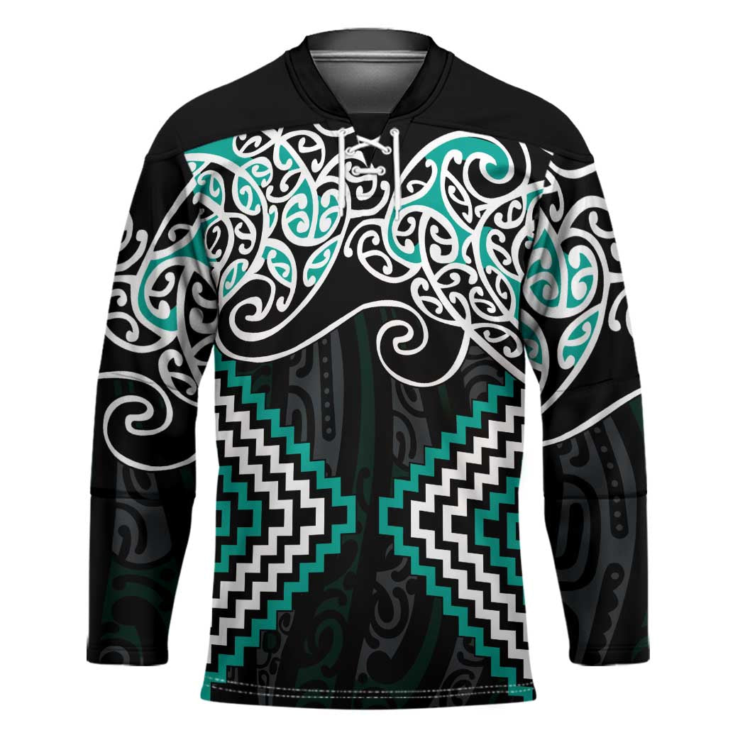 Turquoise Aotearoa Tukutuku Manawa Tapu Hockey Jersey Ta Moko Toi Maori - Polynesian Pride