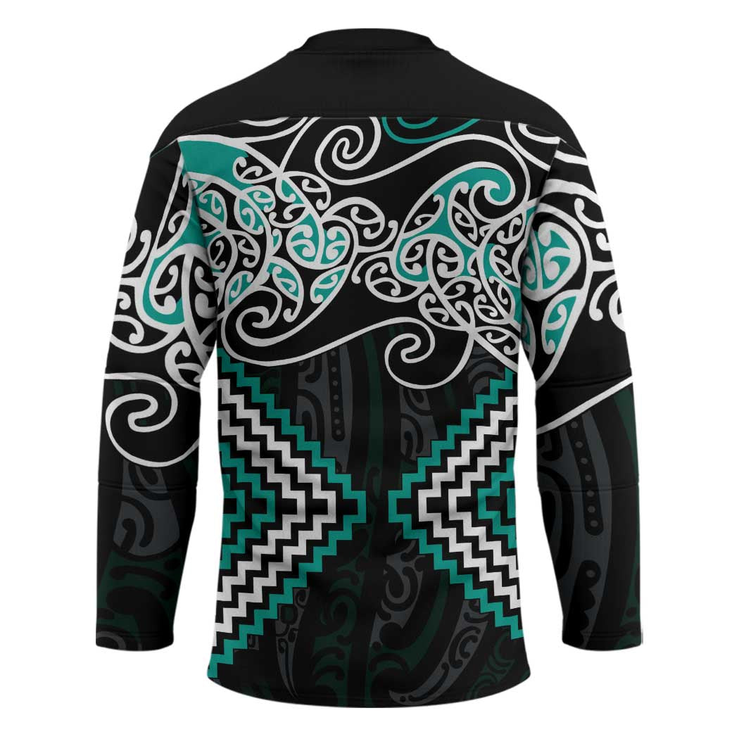 Turquoise Aotearoa Tukutuku Manawa Tapu Hockey Jersey Ta Moko Toi Maori - Polynesian Pride