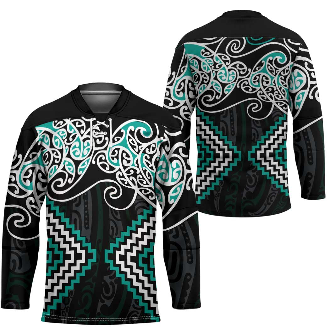 Turquoise Aotearoa Tukutuku Manawa Tapu Hockey Jersey Ta Moko Toi Maori - Polynesian Pride