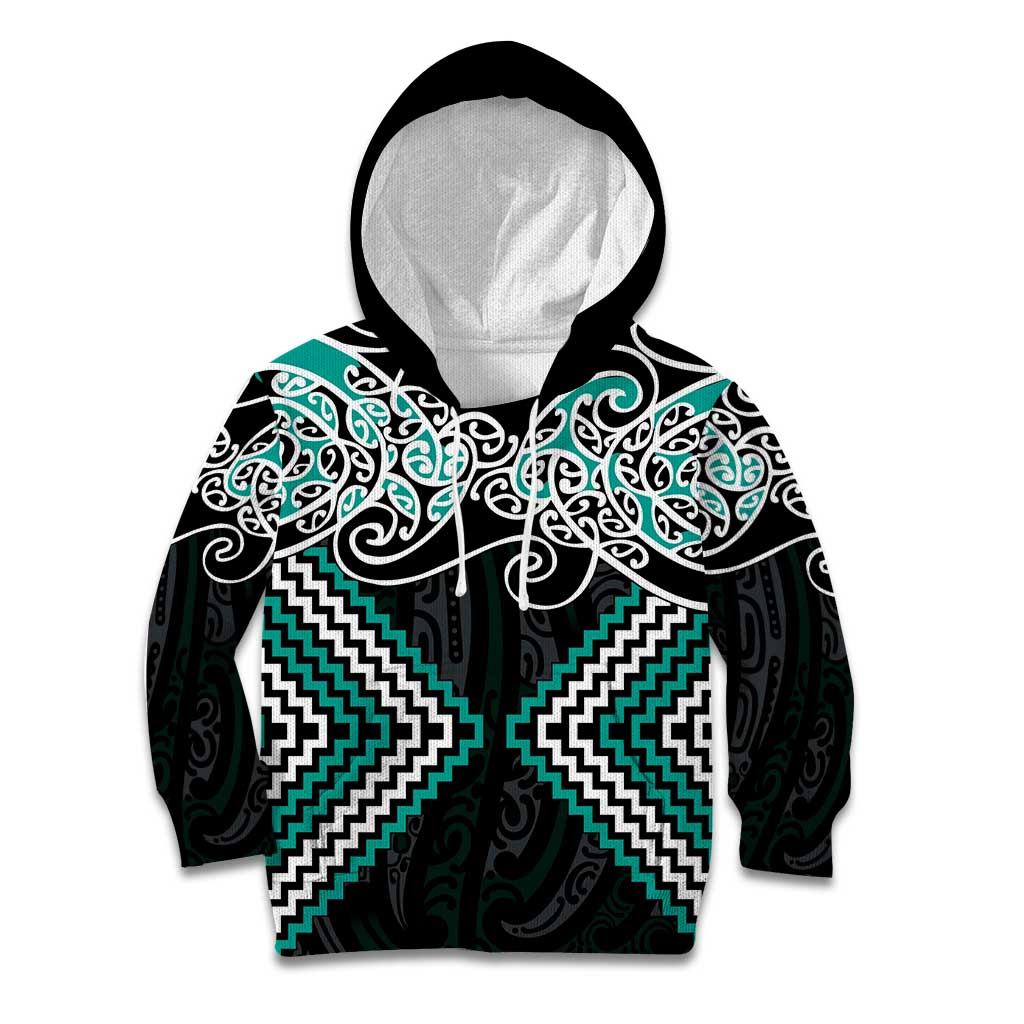 Turquoise Aotearoa Tukutuku Manawa Tapu Kid Hoodie Ta Moko Toi Maori LT9 Hoodie Turquoise - Polynesian Pride