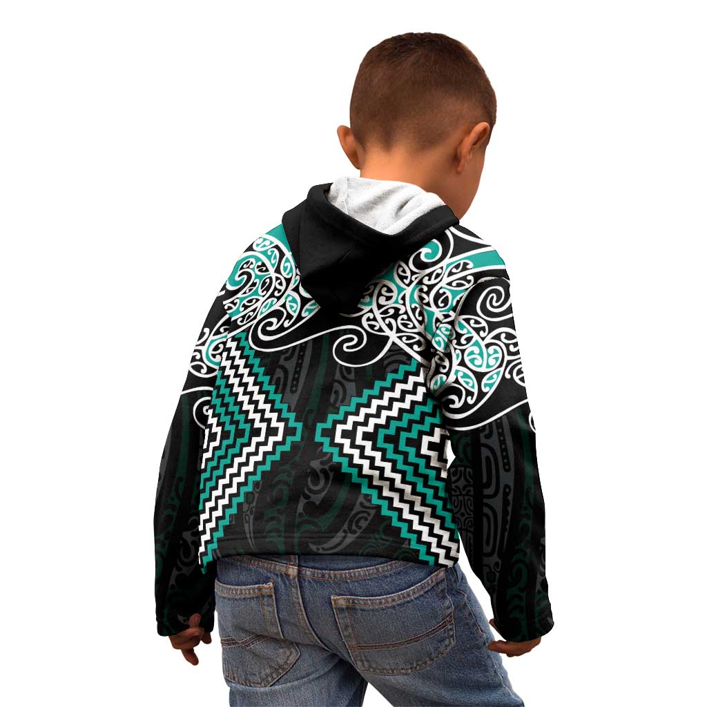 Turquoise Aotearoa Tukutuku Manawa Tapu Kid Hoodie Ta Moko Toi Maori LT9 - Polynesian Pride