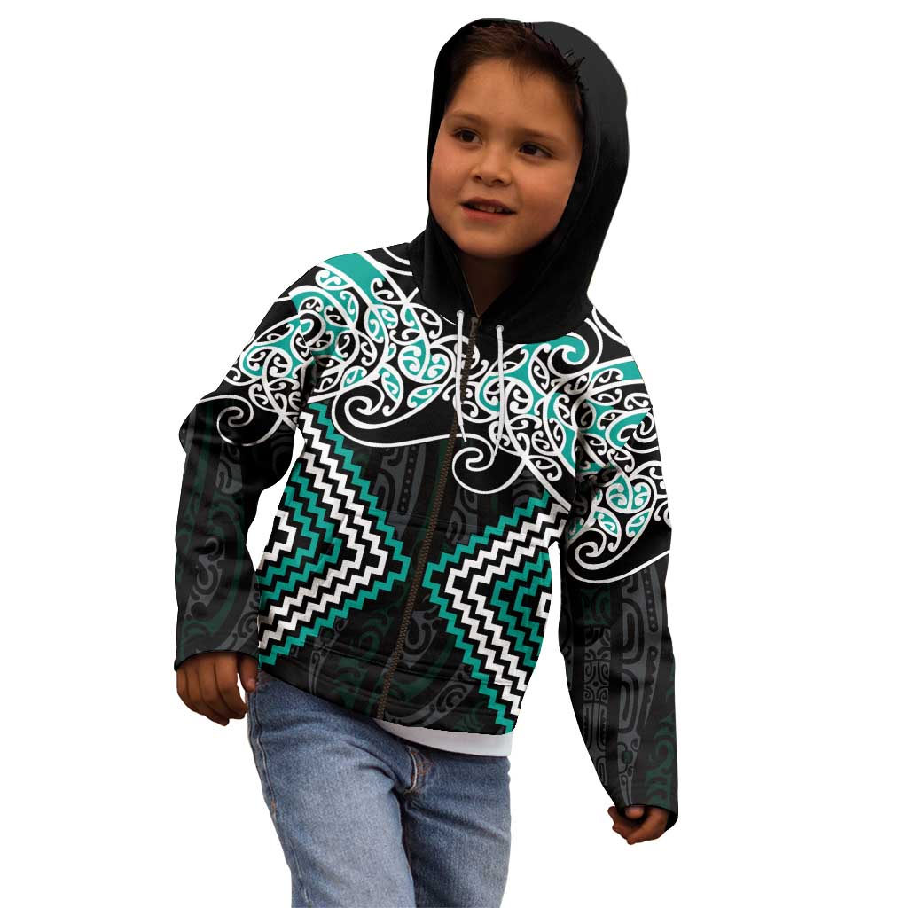 Turquoise Aotearoa Tukutuku Manawa Tapu Kid Hoodie Ta Moko Toi Maori LT9 - Polynesian Pride