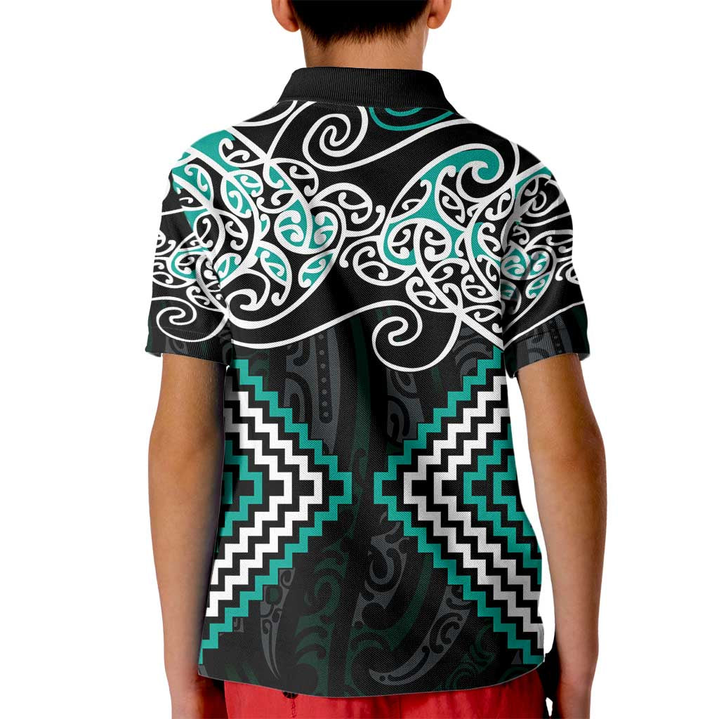 Turquoise Aotearoa Tukutuku Manawa Tapu Kid Polo Shirt Ta Moko Toi Maori