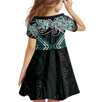 Turquoise Aotearoa Tukutuku Manawa Tapu Kid Short Sleeve Dress Ta Moko Toi Maori