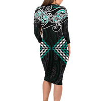 Turquoise Aotearoa Tukutuku Manawa Tapu Long Sleeve Bodycon Dress Ta Moko Toi Maori