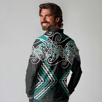 Turquoise Aotearoa Tukutuku Manawa Tapu Long Sleeve Polo Shirt Ta Moko Toi Maori