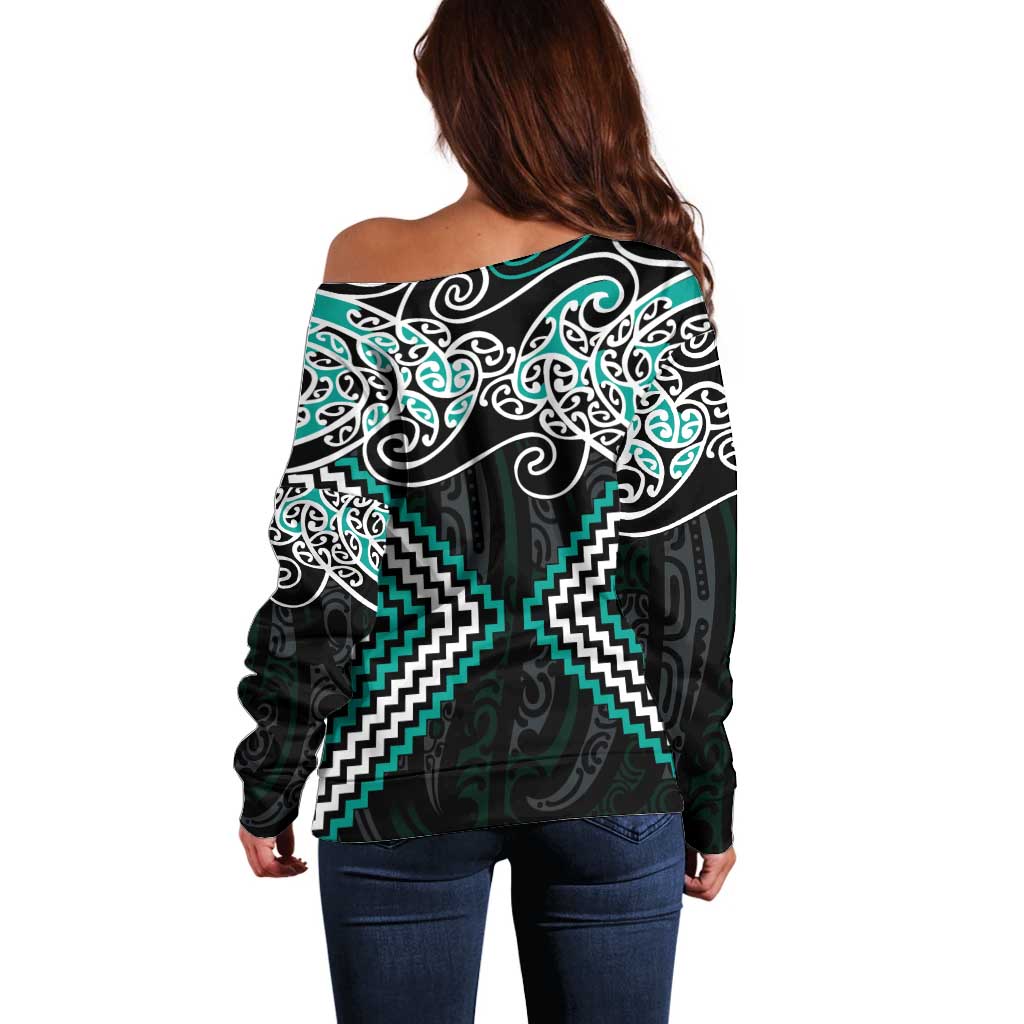 Turquoise Aotearoa Tukutuku Manawa Tapu Off Shoulder Sweater Ta Moko Toi Maori