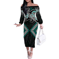 Turquoise Aotearoa Tukutuku Manawa Tapu Off The Shoulder Long Sleeve Dress Ta Moko Toi Maori LT9 Women Turquoise - Polynesian Pride