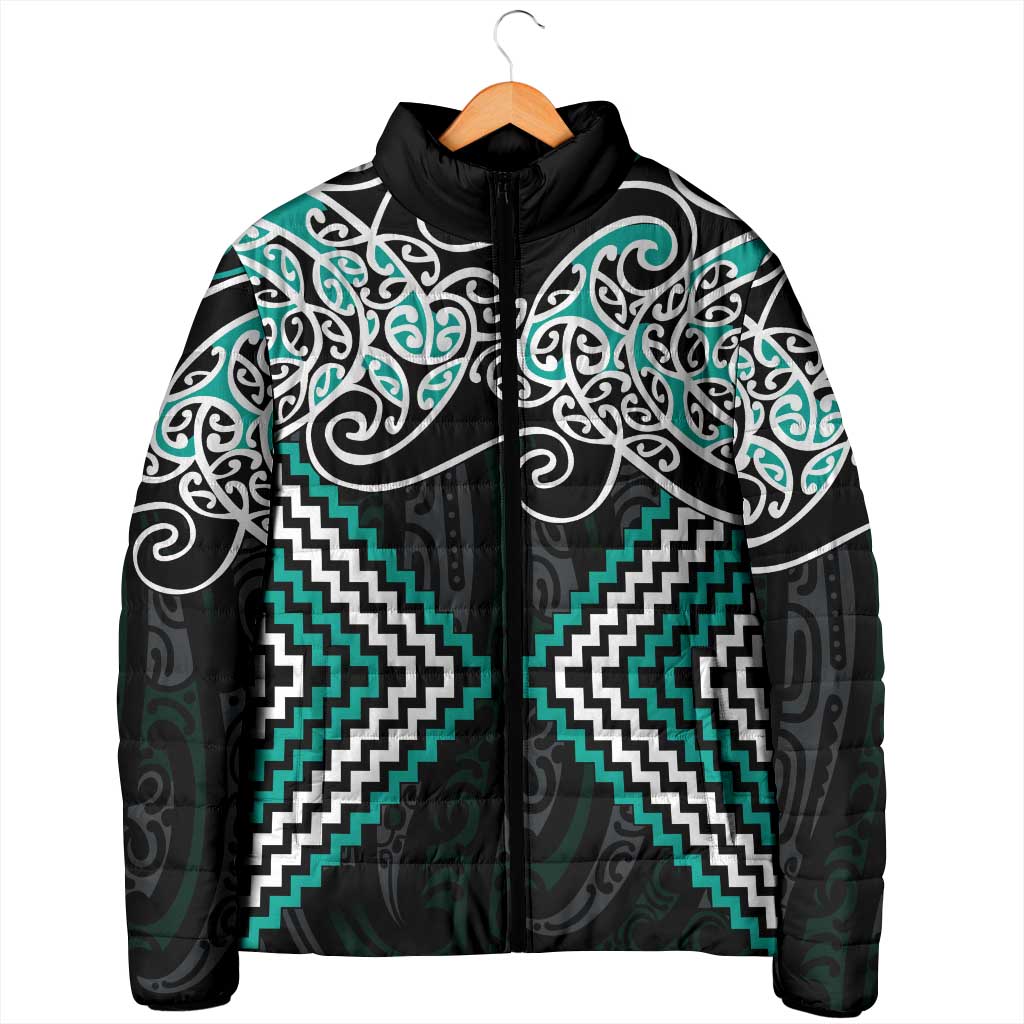 Turquoise Aotearoa Tukutuku Manawa Tapu Padded Jacket Ta Moko Toi Maori - Polynesian Pride