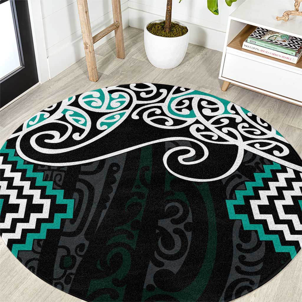 Turquoise Aotearoa Tukutuku Manawa Tapu Round Carpet Ta Moko Toi Maori LT9 Turquoise - Polynesian Pride