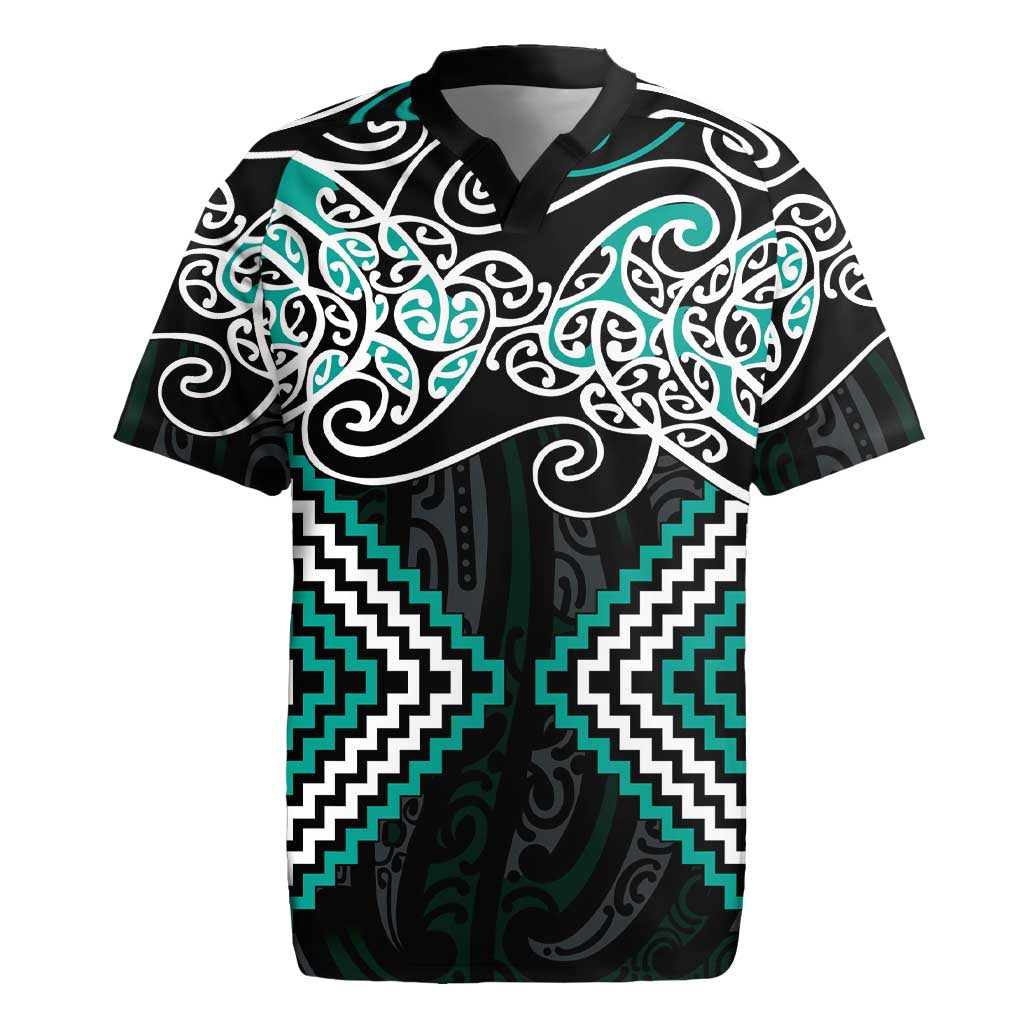 Turquoise Aotearoa Tukutuku Manawa Tapu Rugby Jersey Ta Moko Toi Maori LT9 Turquoise - Polynesian Pride