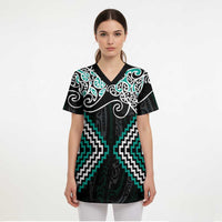 Turquoise Aotearoa Tukutuku Manawa Tapu Scrub Top Ta Moko Toi Maori - Polynesian Pride