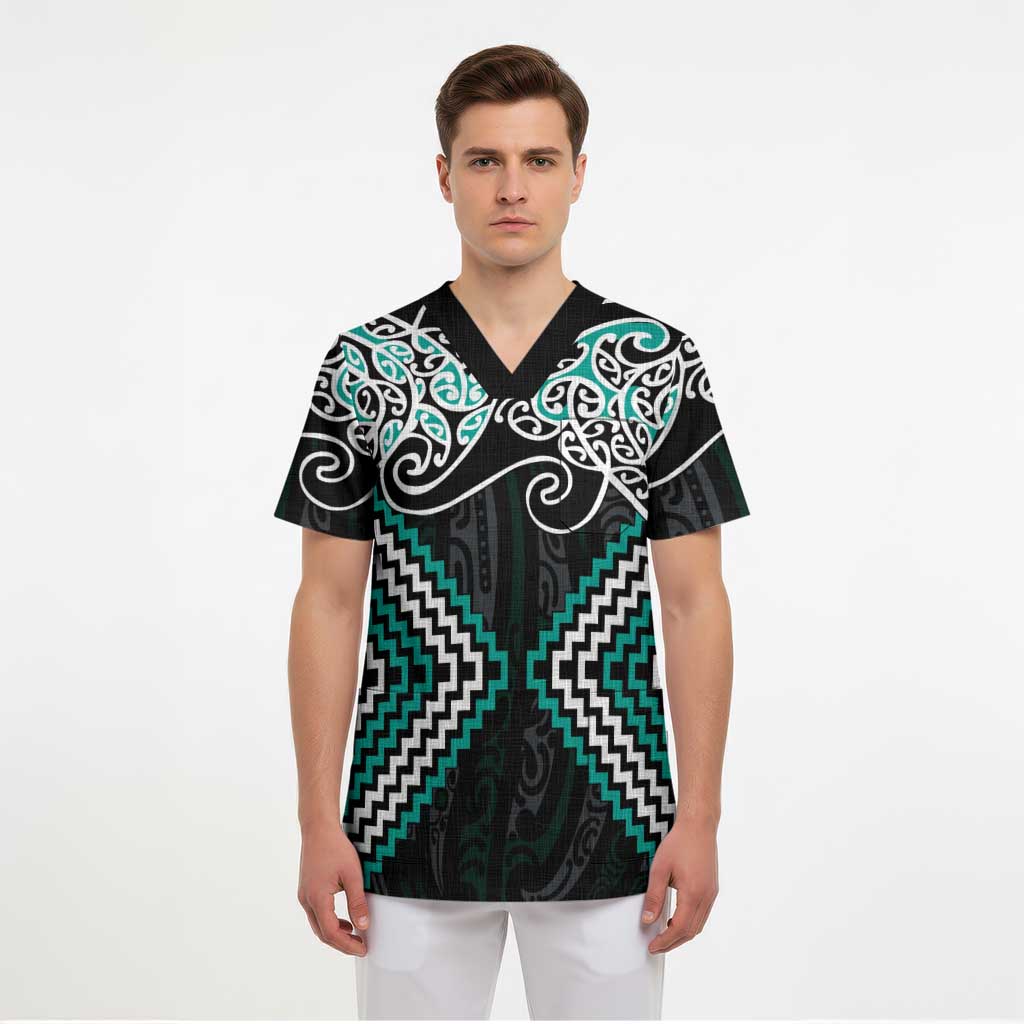 Turquoise Aotearoa Tukutuku Manawa Tapu Scrub Top Ta Moko Toi Maori - Polynesian Pride