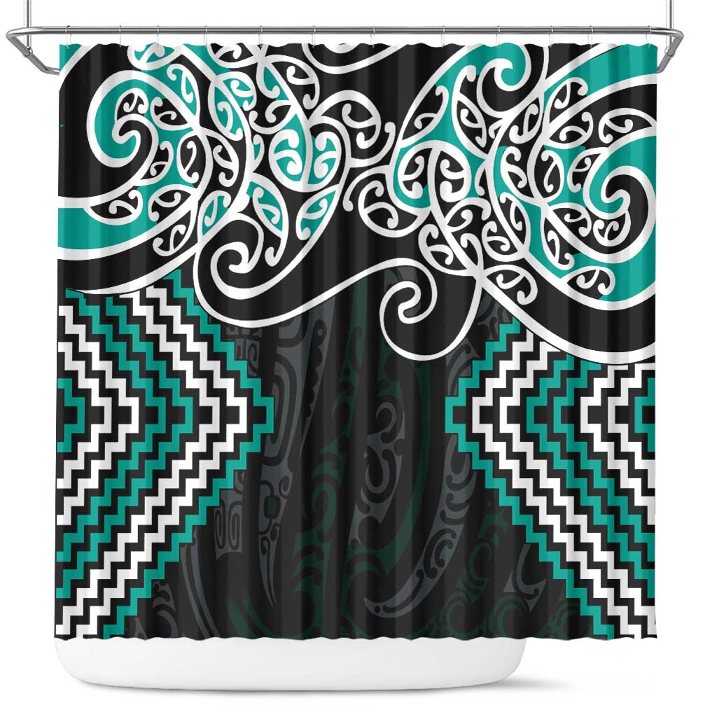 Turquoise Aotearoa Tukutuku Manawa Tapu Shower Curtain Ta Moko Toi Maori LT9 Turquoise - Polynesian Pride