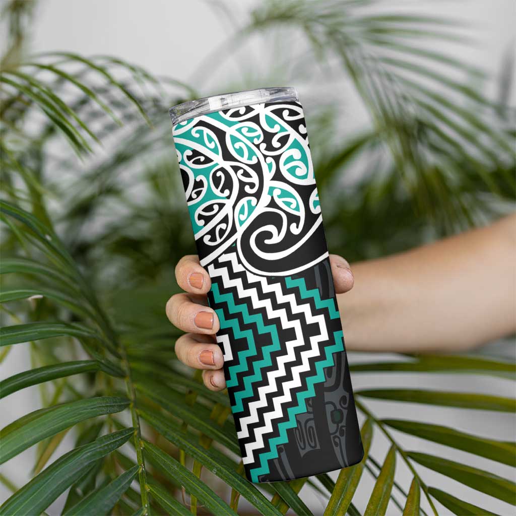 Turquoise Aotearoa Tukutuku Manawa Tapu Skinny Tumbler Ta Moko Toi Maori LT9 - Polynesian Pride