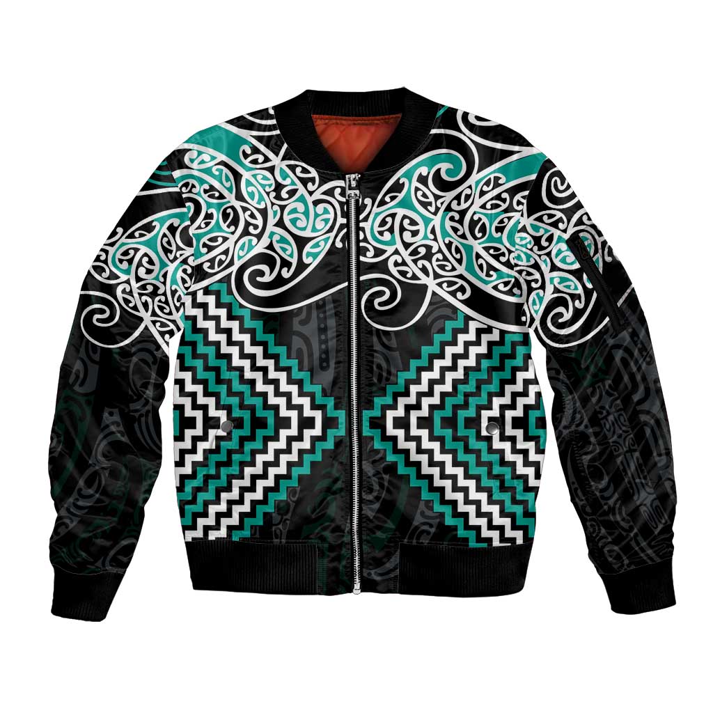 Turquoise Aotearoa Tukutuku Manawa Tapu Sleeve Zip Bomber Jacket Ta Moko Toi Maori LT9 Unisex Turquoise - Polynesian Pride