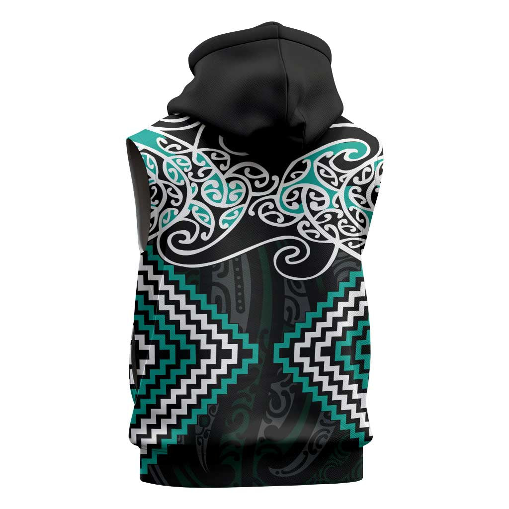 Turquoise Aotearoa Tukutuku Manawa Tapu Sleeveless Hoodie Ta Moko Toi Maori - Polynesian Pride