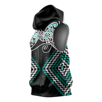 Turquoise Aotearoa Tukutuku Manawa Tapu Sleeveless Hoodie Ta Moko Toi Maori - Polynesian Pride