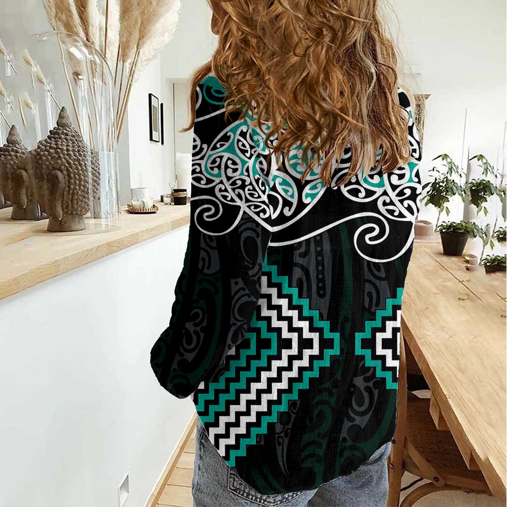 Turquoise Aotearoa Tukutuku Manawa Tapu Women Casual Shirt Ta Moko Toi Maori LT9 - Polynesian Pride