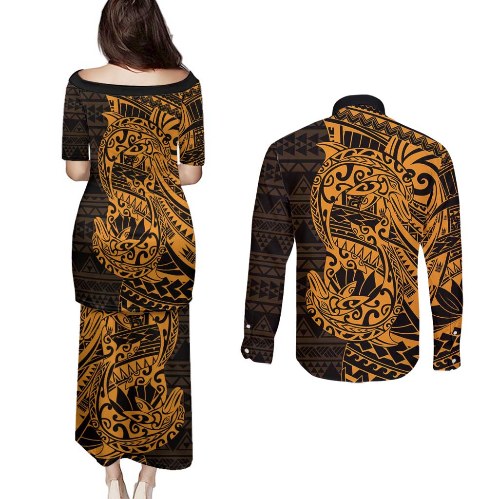 Gold Couple Dolphins Maori Polynesian Style Couples Matching Puletasi and Long Sleeve Button Shirt