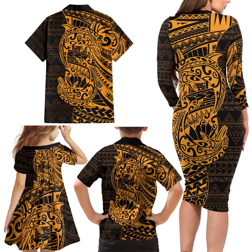 Gold Couple Dolphins Maori Polynesian Style Family Matching Long Sleeve Bodycon Dress and Hawaiian Shirt LT9 - Polynesian Pride